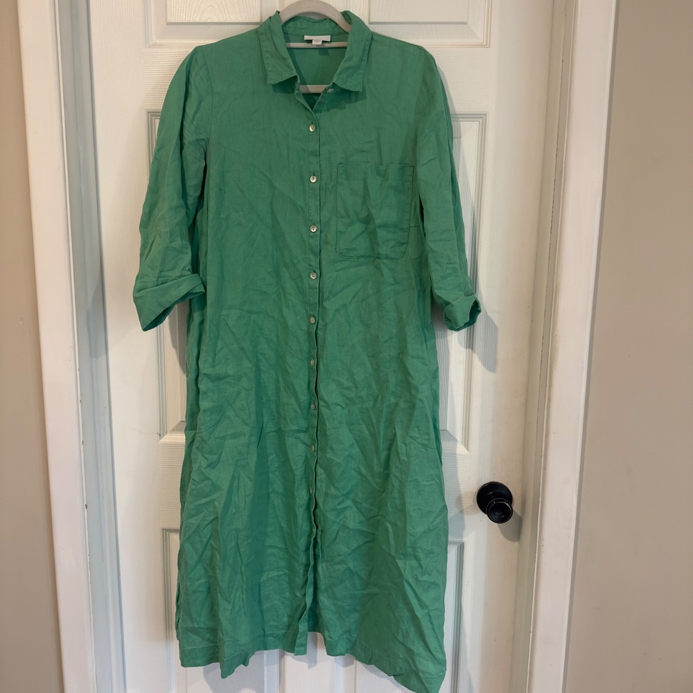 J. Jill Love Linen Green Button Down Maxi Shirt Dress Small Pockets Long Sleeve